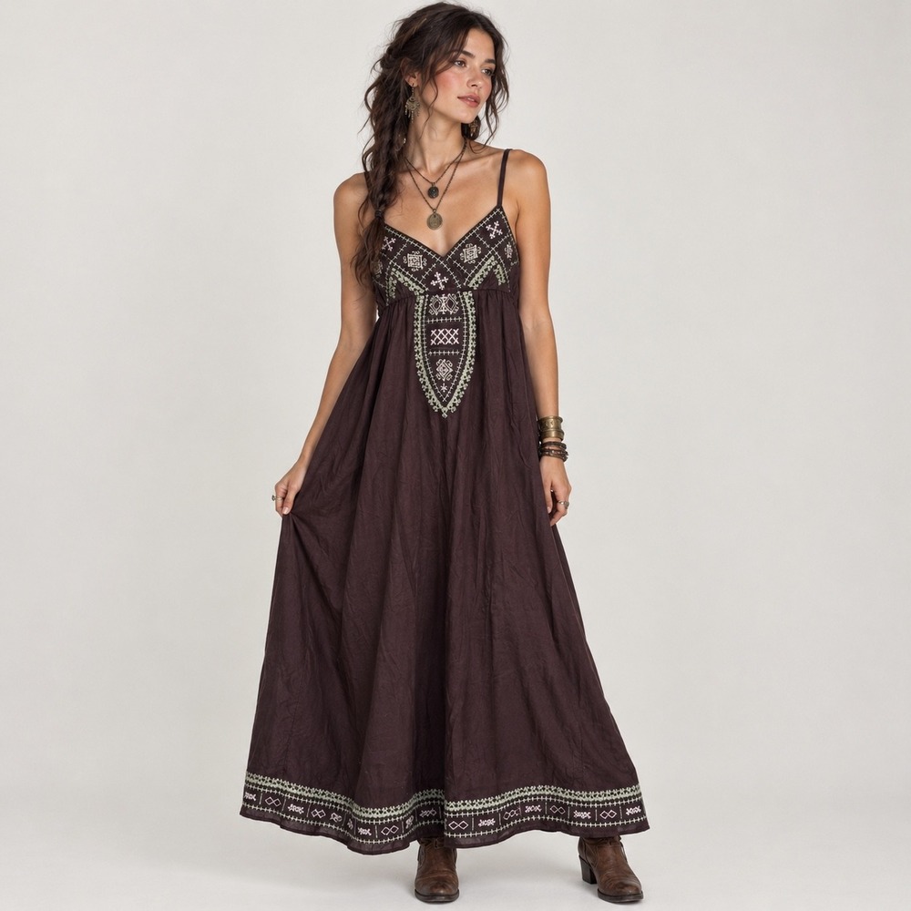 Y2K Brown Embroidered Maxi Dress Boho Ren Faire Folk Peasant Cottage Women's L